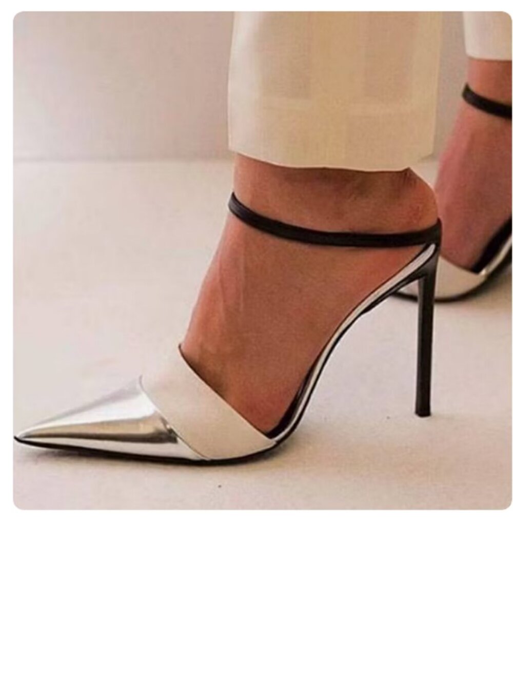 FSJ Silver and White Pointed Toe Thin Strap Stiletto Heel Mules for Women